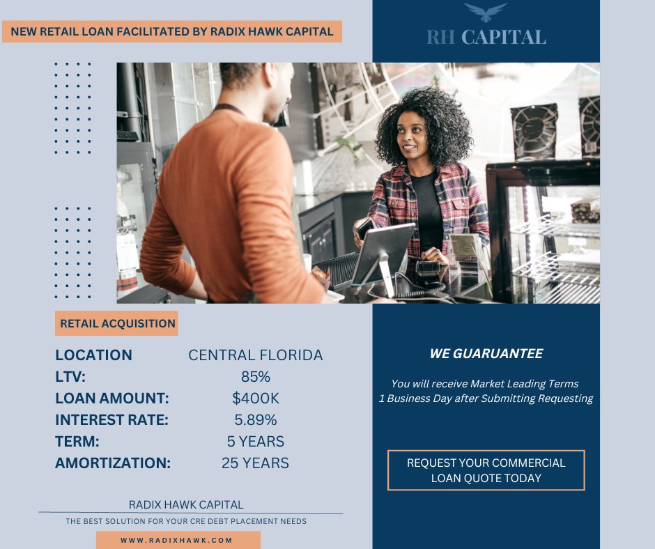 Radix Hawk Capital Facilitates New $400k Retail Acquisition Commercial Real Estate Loan!

Radix Hawk Capital Guarantees we will achieve the Best Terms Offered for your CRE lending needs within 1 BUSINESS DAY after submitting your loan...