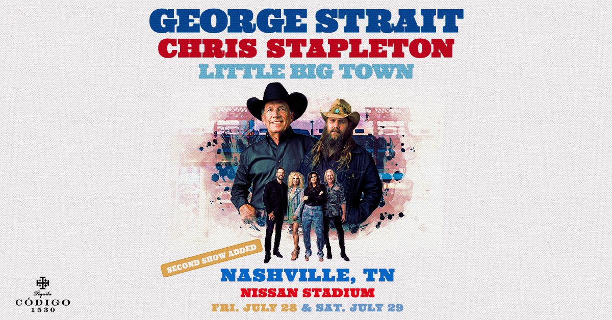NissanStadium's tweet photo. 🤠 SECOND SHOW ADDED 🤠

@GeorgeStrait adds second Nissan Stadium date with @ChrisStapleton due to overwhelming demand - July 28 &amp; 29. 

Presales kick off today with public on sale Friday, November 4 at 10AM. More info: https://t.co/ZNiYznPhbR https://t.co/04TkxMGpGM