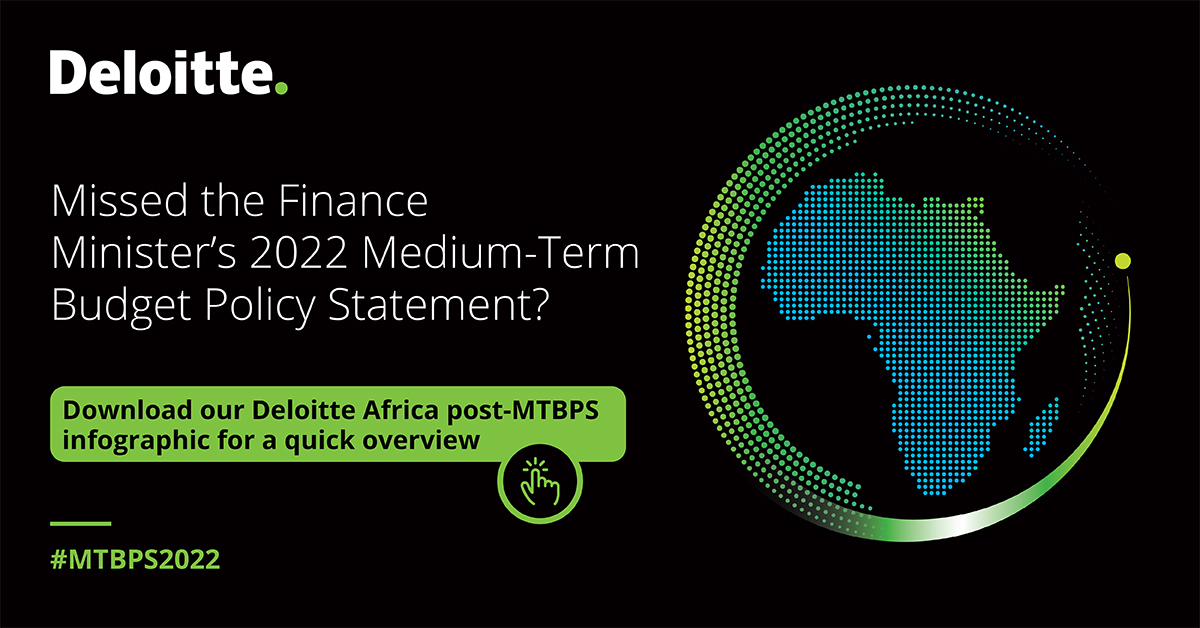 DeloitteSA's tweet image. 📄 The 2022 Medium-Term Budget Policy Statement in a nutshell: Download our Deloitte #MTBPS2022 Infographic which highlights key messages and statistics 👉 deloi.tt/3U1nvIp. #NavigateUncertainty