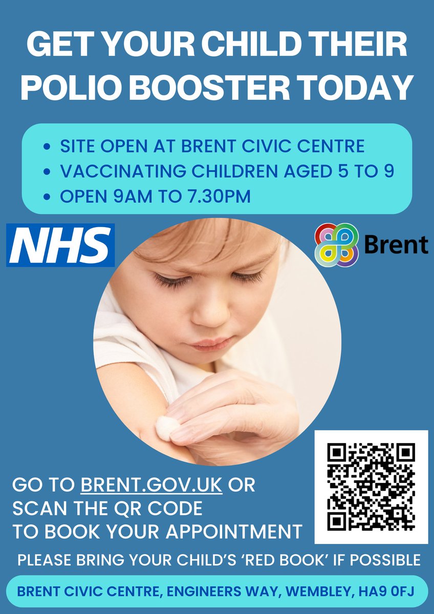 POLIO BOOSTER Book your child's polio booster jab at Brent Civic Centre in Wembley. Go to: nwlondonics.nhs.uk/your-health-se…