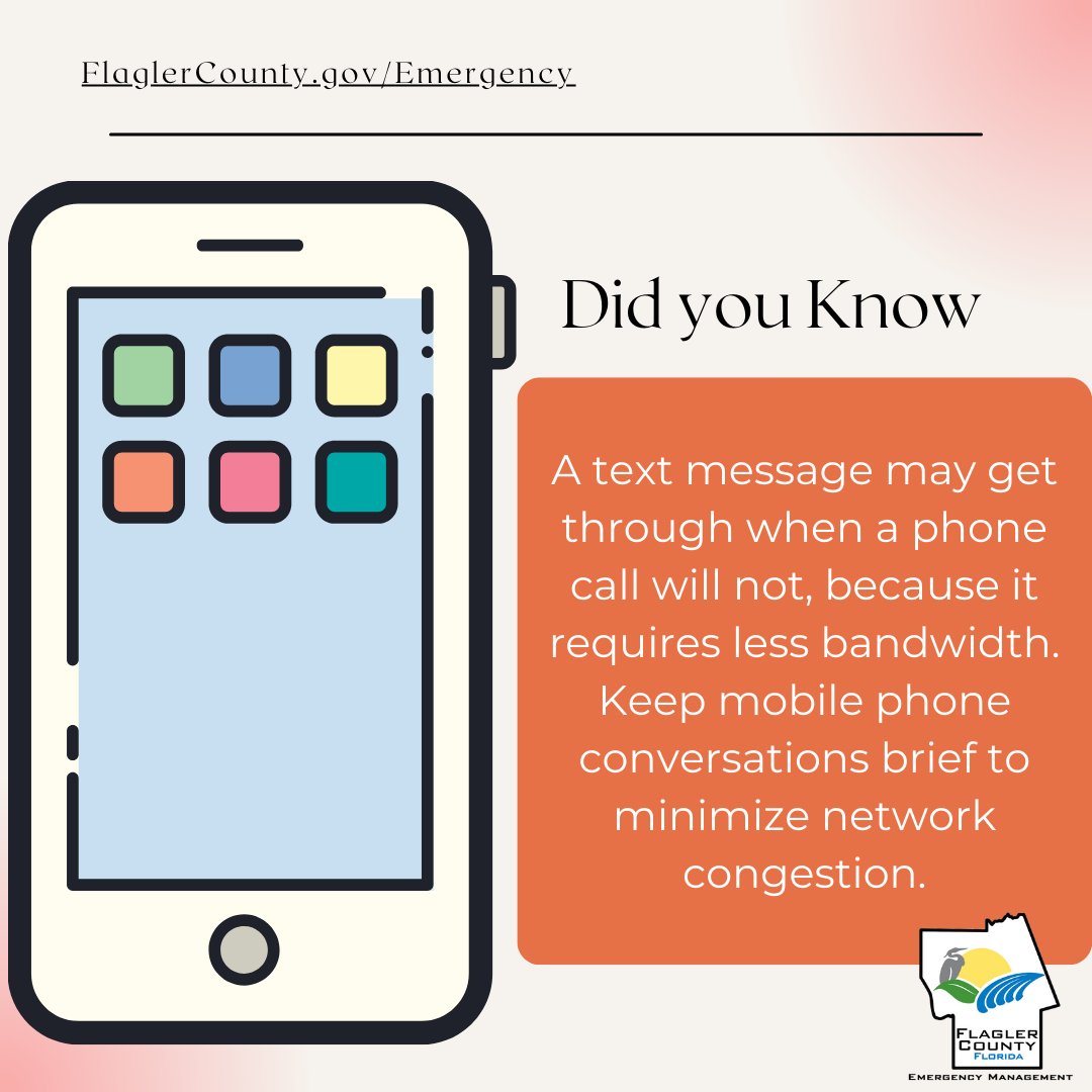 FlaglerEOC's tweet photo. During a disaster regular cell service may be disrupted.
A text message has a higher chance of going through vs a phone call.
#FlaglerEOC #Flaglercounty #preparedness #communication #sendatext https://t.co/iT1YyWWUwp