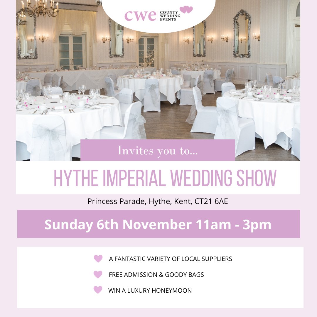 The <a href="/CountyWedEvent/">CountyWeddingEvents</a> <a href="/HytheImperial/">Hythe Imperial Hotel</a> Wedding Show!

📍 Princess Parade, Hythe, Kent, CT21 6AE
📆 Sun, 6 Nov 2022
⏰ 11am - 3pm

Pre-register your attendance at countyweddingevents.com/hythe-imperial… and save time on the day! #sussex