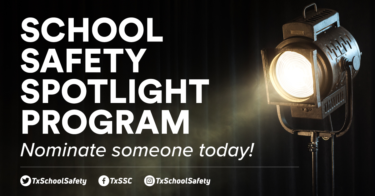 Fall #SchoolSafety Spotlight nominations are due Monday, October 31. We want to highlight your innovative programs! Visit txssc.txstate.edu/tools/ss-spotl… to submit a nomination and view past recipients.