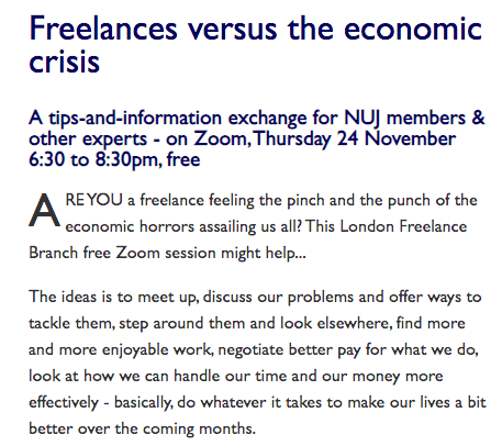 📆Date for your diary - Freelancers Vs the Economic Crisis. A tips-and-information exchange for NUJ members &amp; other experts. Thursday 24 November, online: 6:30 to 8:30 pm. More to follow! <a href="/samathieson/">SA Mathieson</a> <a href="/nikatalbot/">Nika Talbot</a> <a href="/Andrew_Wiard/">Andrew Wiard</a> #OwenHardaway ow.ly/tGTQ50Lms9z