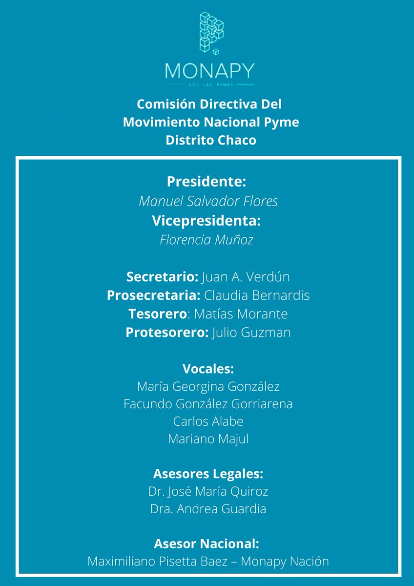 MonapyChaco's tweet photo. El Movimiento Nacional Pyme - Monapy Chaco  dá a conocer con mucho orgullo la conformación de su comisión directiva, la cual fue tuvo nacimiento el día 24 de Octubre de 2022.
#pymes #monapy #monapychaco #cambio #Argentina #chaco #trabajo #Salud https://t.co/RnlOncEQ6z