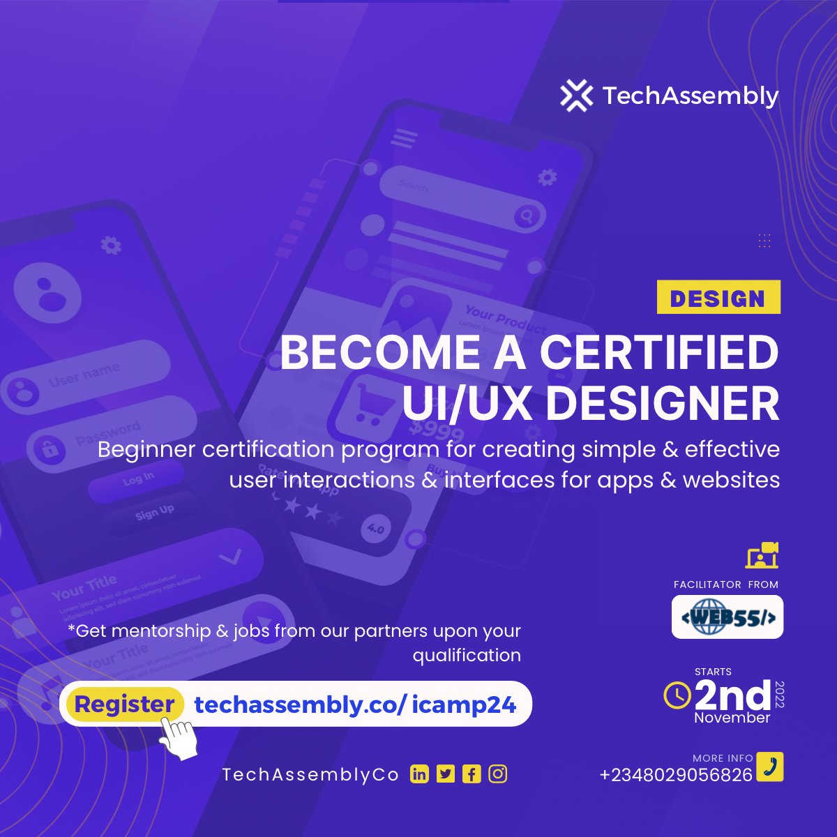 TechAssemblyCo's tweet image. Become a Certified UI/UX Designer
Learn user interface(UI) & user interaction(UX) design for beginners.
Get mentorship & jobs from our partners upon your qualification.
Your design instructor is from Web55, a UK-based digital agency.
For registration
techassembly.co/icamp24/