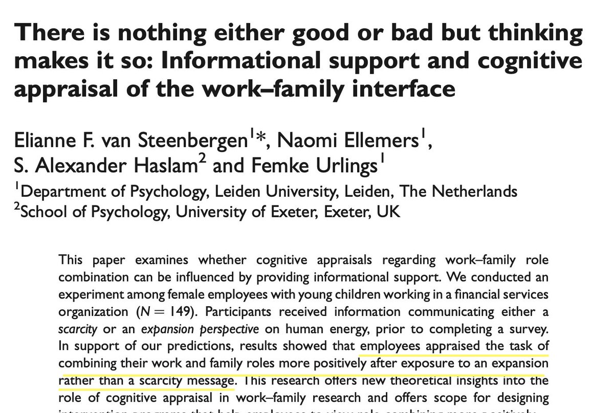 DrYaelSchonbrun's tweet photo. How we THINK about the interface between work and family roles changes how we EXPERIENCE it.

#mindset #workparentthrive #workingparenthood https://t.co/QZCMivBtwo