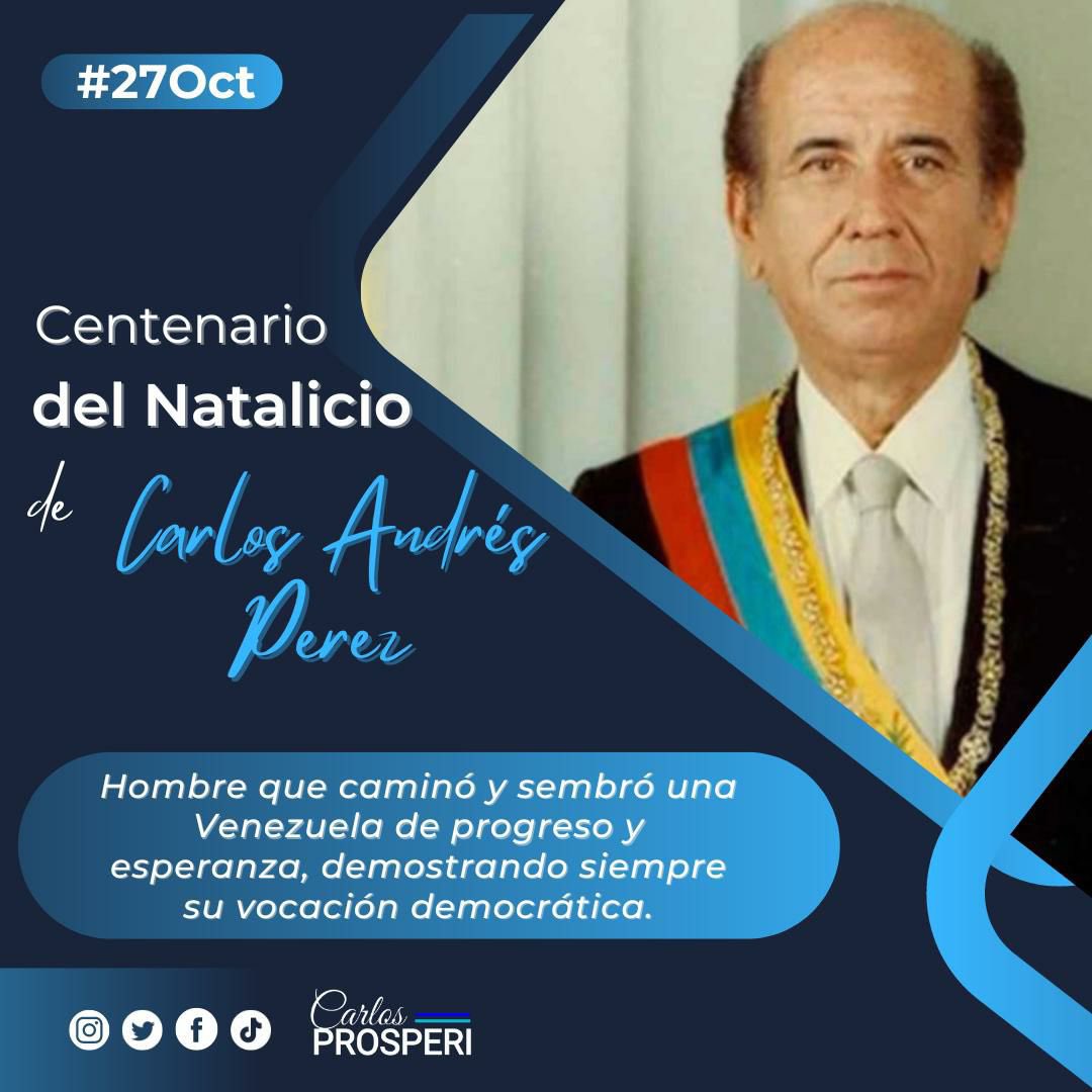 prospericarlos's tweet image. Se cumplen 100 años del nacimiento de Carlos Andrés Pérez, 2 veces presidente de Venezuela por AD, aunque no lo dejaron terminar su 2do. Mandato, sin dudas destacó como un gran demócrata y un hombre preocupado por el bienestar del pueblo. Volveremos a vivir mejor!
#ProsperidAD