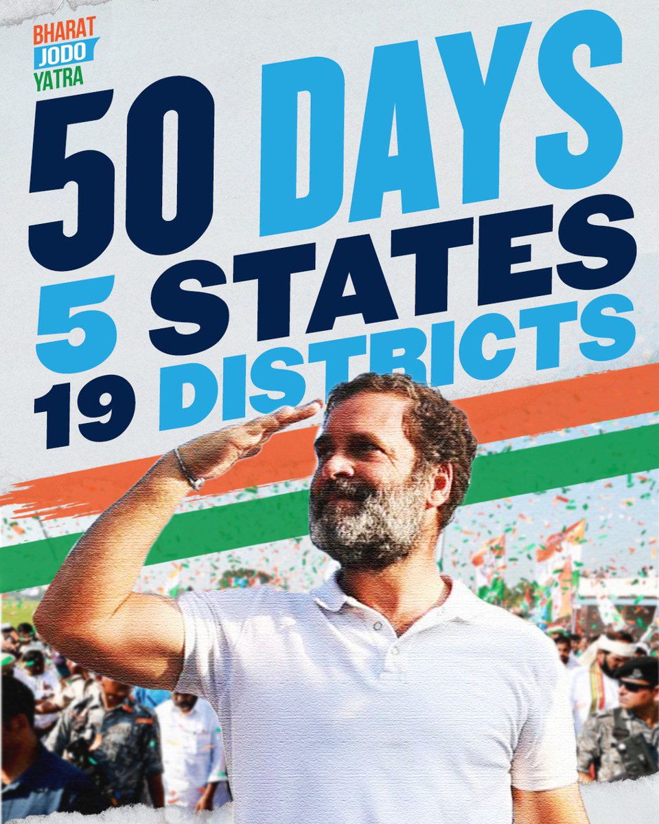 Each moment has been amazing, humbling, full of love and gratitude. Moving more faster and inching closer to our goal! Uniting India. 🇮🇳❤️ #BharatJodoYatra #50DaysOfBharatJodoYatra