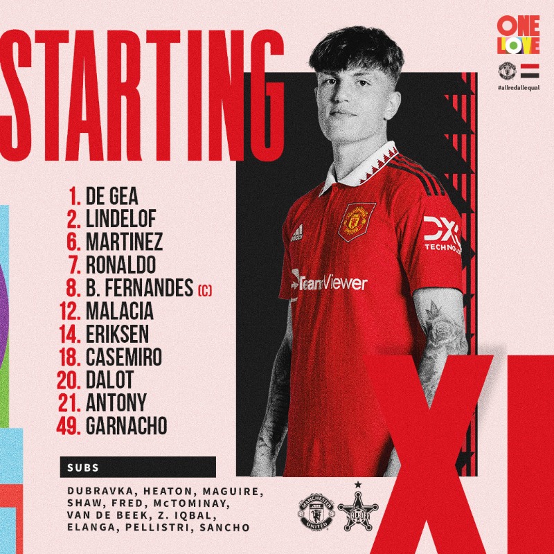 ManUtd's tweet photo. Another proud night for our #MUAcademy ❤

➡ @AGarnacho7 makes his first senior start in one of four United changes!

#MUFC || #UEL