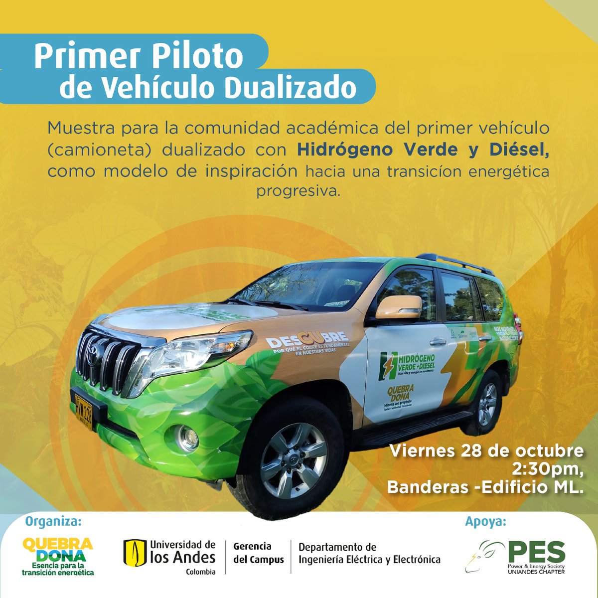 #Prográmate este viernes y conoce en la Plazoleta Banderas frente al Edificio Mario Laserna la muestra del primer piloto de #VehículoDualizado 🚙 con #HidrógenoVerdeyDiésel este viernes 28 de octubre a cargo de Quebra Dona.

#TransiciónEnergética