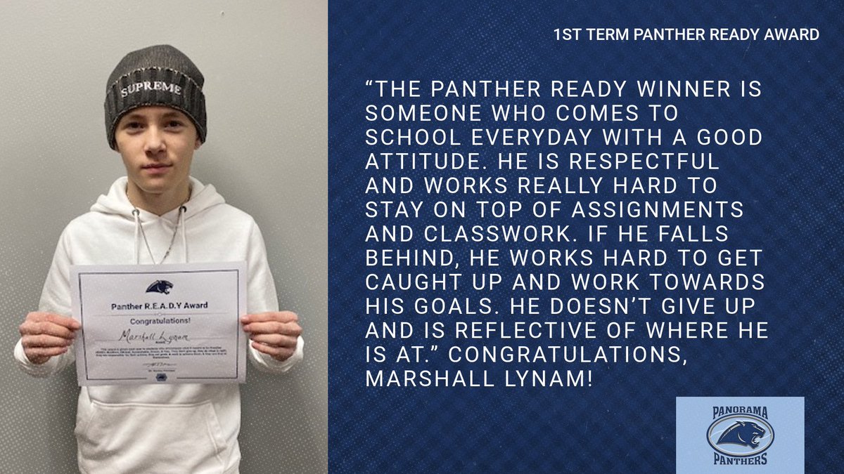 Panther R.E.A.D.Y. Award TERM 1 winners:   
The Panther R.E.A.D.Y. Award is given each term to students who encompass what it means to be Panther R.E.A.D.Y.   
Resilient
Ethical
Accountable
Dream
YOU!
Congratulations, Panthers!