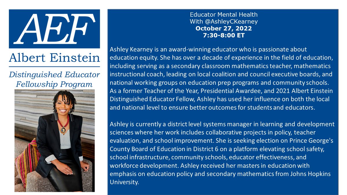 When you take care of teachers, you take care of kids. Let's talk about #EDUcators tonight at 7:30 ET with @AshleyCKearney and #EinsteinFellows22. Topic? #mentalhealth. Tag others to join the conversation and community. #teacher #edutwitter #STEMeducation