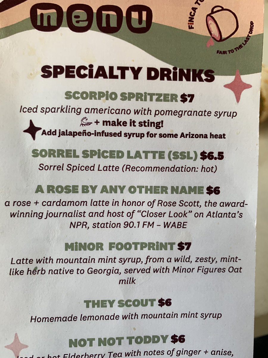 donnalowrynews's tweet photo. Just ordered the “A Rose By Any Other Name"  latte. It's in honor of @waberosescott -- and of the “inspired drinks” menu at Finca To Filter off the West End Beltline. https://t.co/JBa1gQx2wD