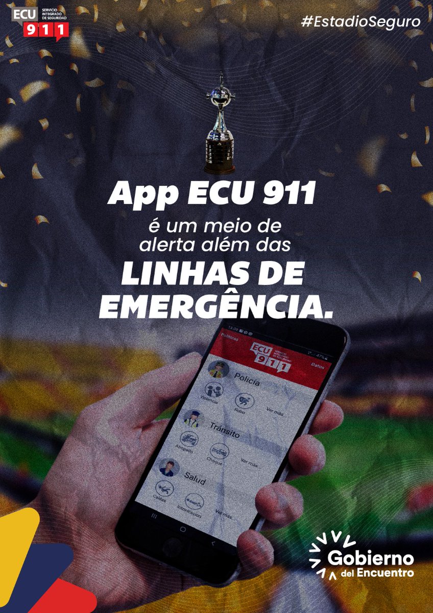 ecu911sambo's tweet photo. Durante sua estadia no Equador, baixe, sem custo, #AppECU911 em dispositivos eletrônicos.  Por este meio, poderá avisar qualquer situação de emergência 

#EstadioSeguro
#ConmebolEnEcuador https://t.co/1FuBZV2KoM