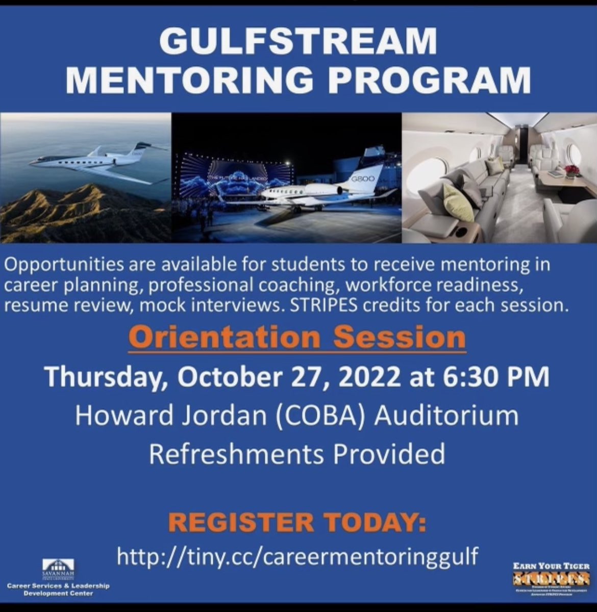 ssucoba's tweet photo. Gulfstream Mentoring Program is having an orientation session TODAY ! Stop by the Howard Jordan (COBA) Auditorium @6:30 to be part of this event ! Register now ! https://t.co/3PMHeEsK21
