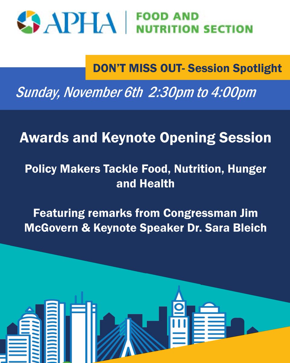 The 2022 APHA Annual Meeting is here! Join the Food and Nutrition Section for our opening session w/ <a href="/RepMcGovern/">Rep. Jim McGovern</a> &amp; <a href="/DrBleich/">Dr. Sara Bleich</a>! #FNAPHA2022, #APHA2022, #APHAFood, #Nutrition
bit.ly/APHA2022_FN_20…