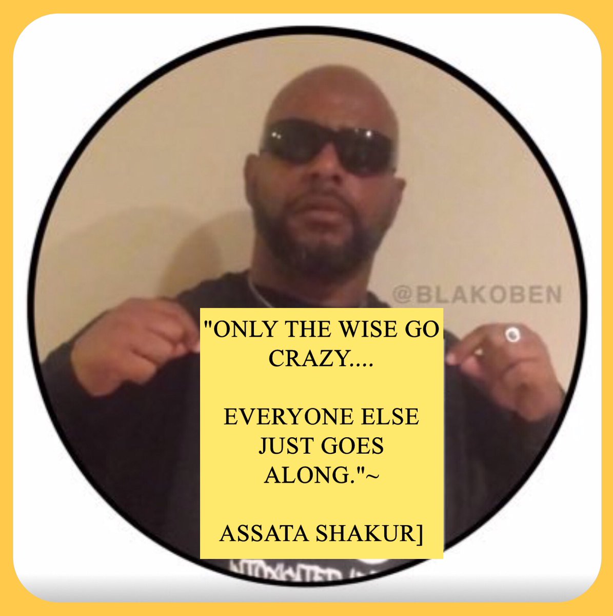 HueMindBeing's tweet photo. "ONLY THE WISE GO CRAZY. EVERYONE ELSE JUST GOES ALONG."~ASSATA SHAKUR]… #HandsOffKanye #PropogandaPolyTRICKS #DevilGames #ThroughTheLookingBlass #BlackTwitter #Ye #Kanye https://t.co/mvNwqsz9AW