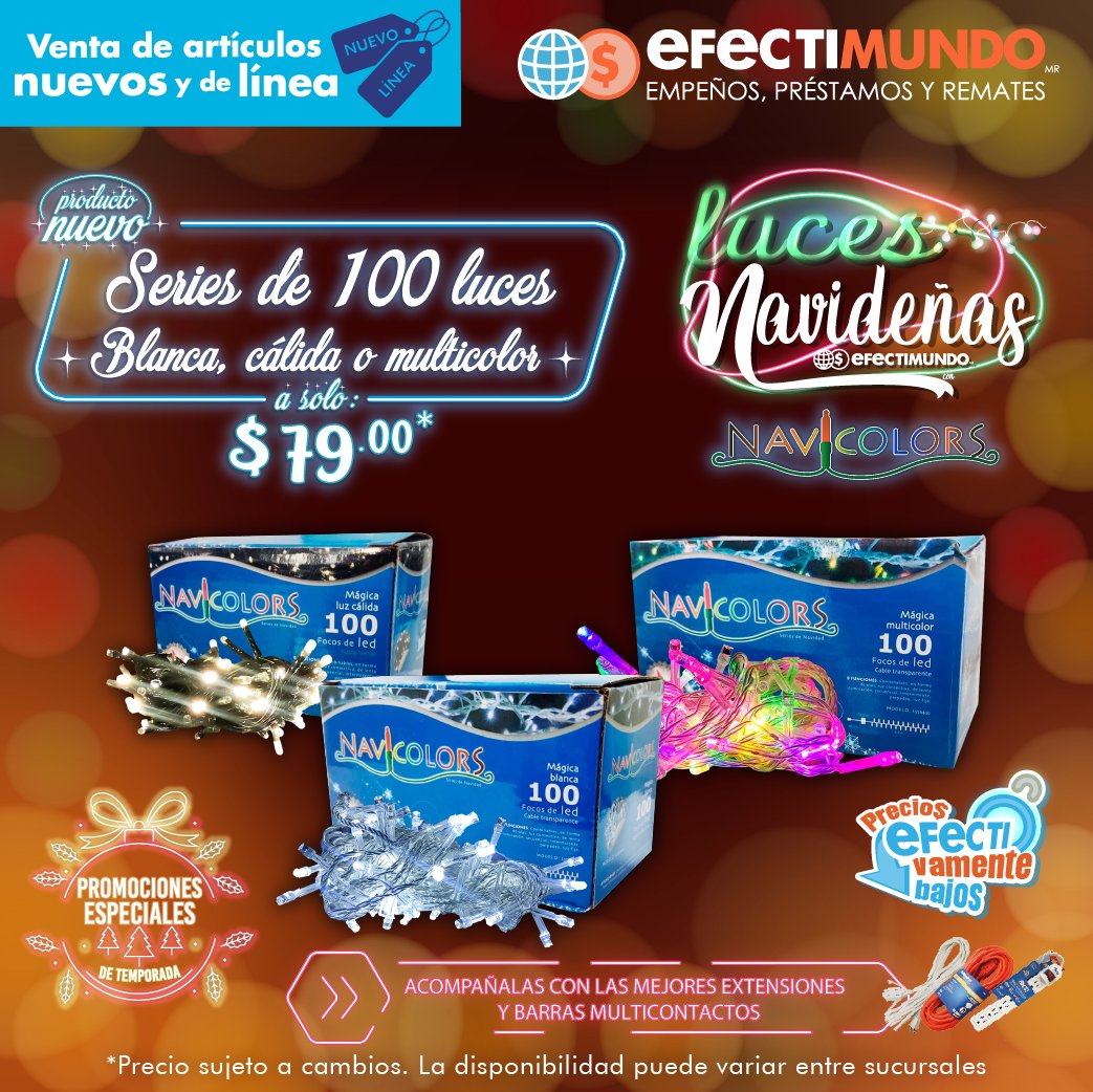 Efectimundo's tweet photo. ¡La luz de la navidad llegó a #Efectimundo!
Adquiere nuestra variedad de series de luces navideñas en cualquiera de nuestras sucursales. También contamos con barras multicontacto y extensiones. Puedes encontrarlas a precios #EfectivamenteBajos.
¡Efectimundo, la solución efectiva! https://t.co/fNDMsdBBIr