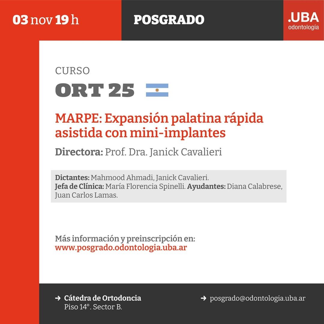 UBAposgrados's tweet photo. Curso de Posgrado:
📍 MARPE: expansión palatina rápida asistida con mini-implantes
Más información e inscripciones:
posgrado@odontologia.uba.ar
https://t.co/TDZ4gvOVU9
#Odontología #UBAPosgrados #UBA #FOUBA #Ortodoncia https://t.co/9ZbrQGRYT3