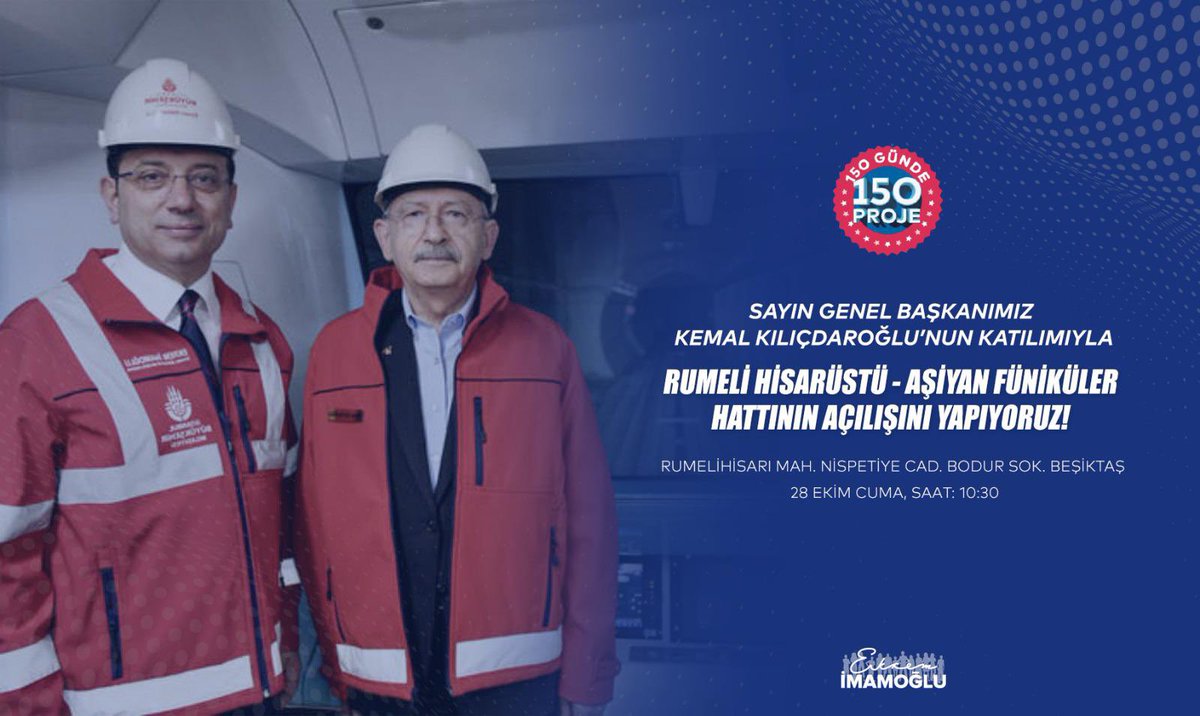 Yarın Sayın Genel Başkanımız Kemal Kılıçdaroğlu'nun katılımıyla Rumeli Hisarüstü-Aşiyan Füniküler hattının açılışını yapıyoruz! #16MilyonİçinÇalışıyoruz #150Günde150Proje