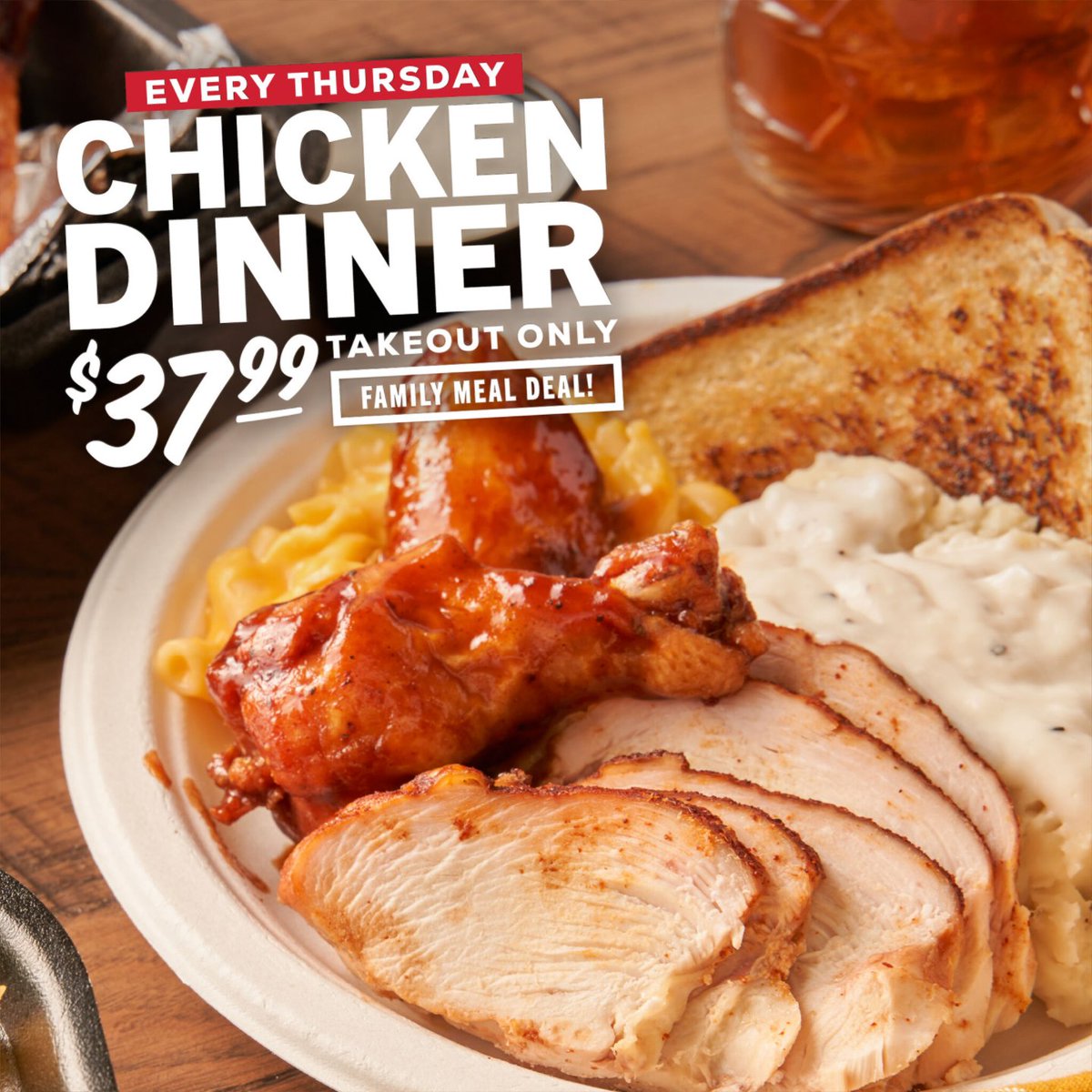 Winner, Winner, Chicken Dinner! Celebrate The Big Three-O with eight jumbo wings, one pound sliced chicken, two sides of your choice, a family-size salad, and Texas toast.