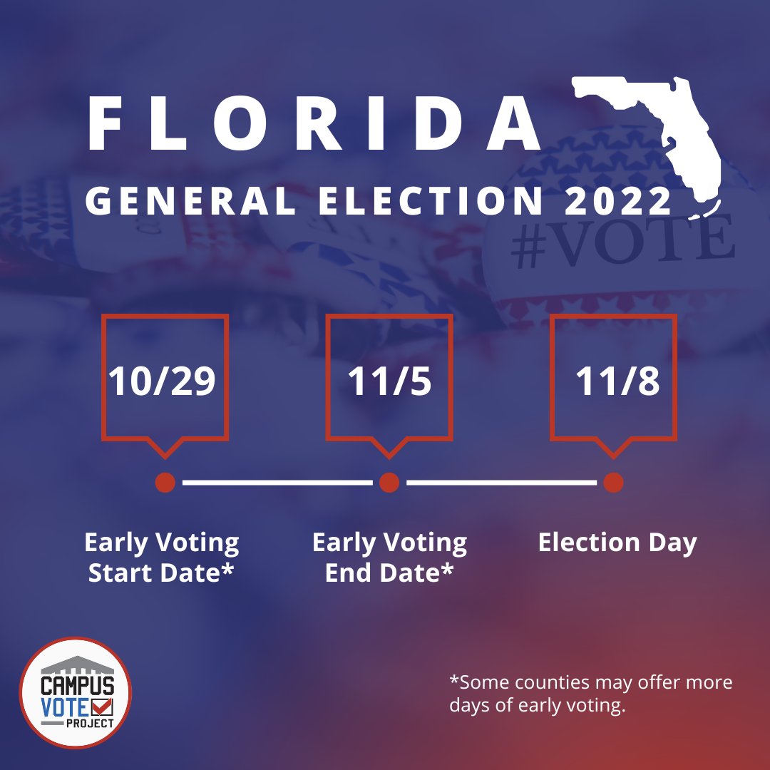 Hey Floridians! Early voting for the November 8th General Election starts on 10/29 and ends on 11/5. Get more information at dos.myflorida.com/elections/for-…. #Florida #CampusVoteProject