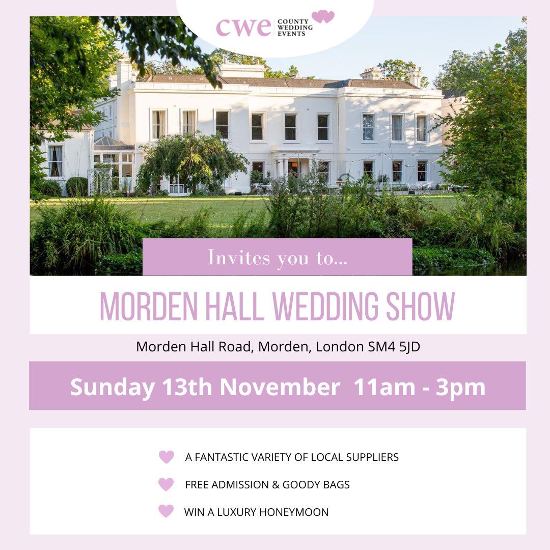 The <a href="/CountyWedEvent/">CountyWeddingEvents</a> <a href="/MordenWeddings/">Morden Hall Weddings</a> Wedding Show!

📍 Morden Hall Road, Mordon, London, SM4 5JD
📆 Sun, 13 Nov 2022 
⏰ 1am - 3pm

Pre-register your attendance at countyweddingevents.com/morden-hall-we… and save time on the day! #herts #beds