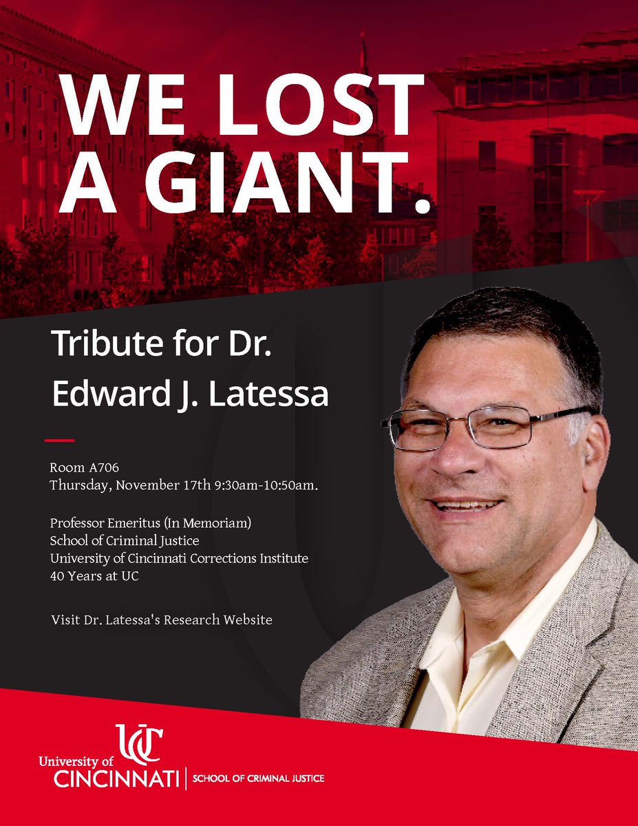 dkoetzle's tweet photo. A session will be held in honor of Ed Latessa at #ASC2022 (Nov 17 @ 9:30). Included will be time for people to share and reflect on his impact. We hope you can join us as we remember him and honor his legacy. @ASC_DCS @ASCRM41 @UCSCJ_Grad #EdLatessa https://t.co/bRAXw60VVT