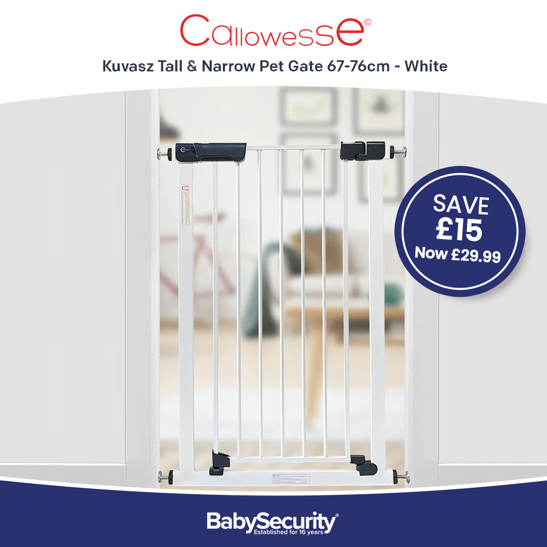 The Callowesse Kuvasz Tall &amp; Narrow Pet Gate is suitable for larger pets and is designed for narrow doors, stairs and hallways. 
Shop the Kuvasz here! ⬇
babysecurity.co.uk/products/callo…