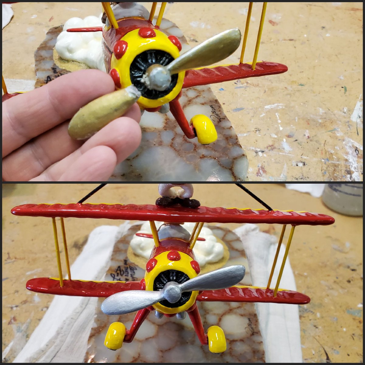 LaPorteVintage's tweet photo. Broken propeller on an original  #ronlee Tasmanian Devil wingwalker statue. And weird red ink on his mouth (not original). All fixed and cleaned.  #statuerestoration https://t.co/1YgZJ6n56m