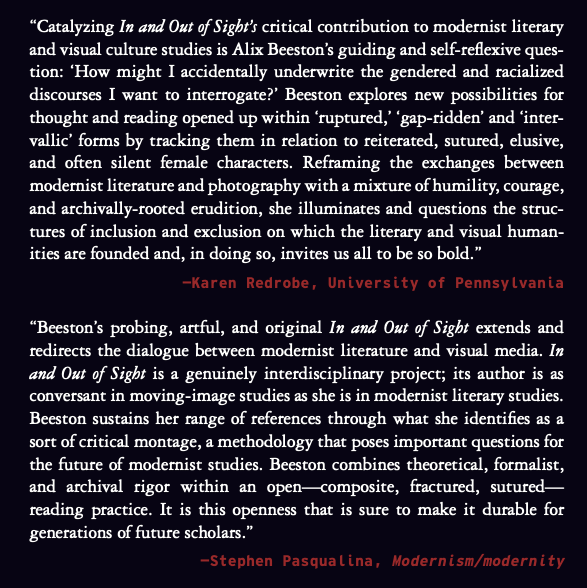 Alix Beeston (@alixbeeston) on Twitter photo A super nice thing: my book In and Out of Sight has been well enough received to warrant a paperback release from <a href="/OUPAcademic/">Oxford Academic</a> this January! And even better, it's got some beautiful new blurbs from my academic hero Karen Redrobe and <a href="/pasqetball/">Stephen Pasqualina</a>'s lovely review in <a href="/MModernity/">Modernism/modernity</a> 🥰 A super nice thing: my book In and Out of Sight has been well enough received to warrant a paperback release from <a href="/OUPAcademic/">Oxford Academic</a> this January! And even better, it's got some beautiful new blurbs from my academic hero Karen Redrobe and <a href="/pasqetball/">Stephen Pasqualina</a>'s lovely review in <a href="/MModernity/">Modernism/modernity</a> 🥰
