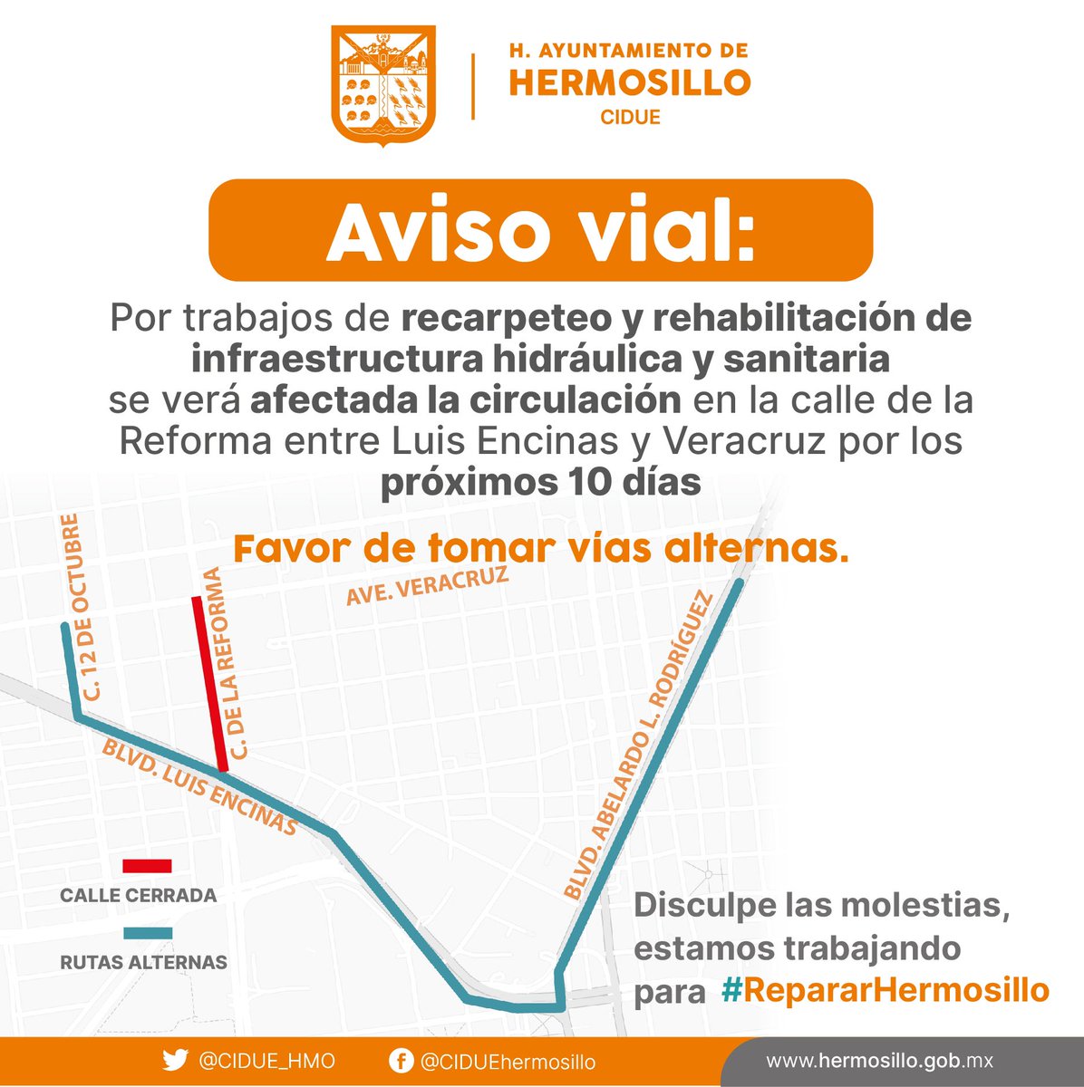 Aviso Vial ⚠️ Del lunes 31 de octubre al 10 de noviembre nos encontraremos realizando trabajos de rehabilitación en la Reforma, entre Luis Encinas y Veracruz. Te compartimos las rutas alternas.

Agradecemos tu comprensión.