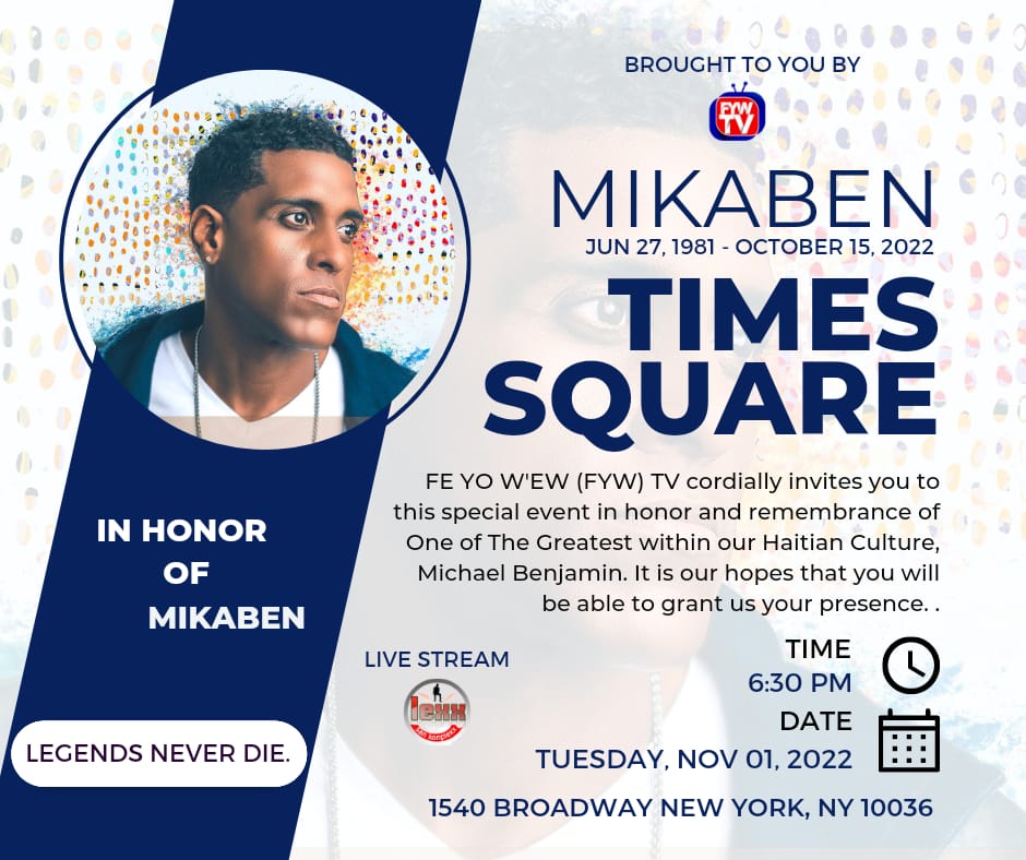 feyowew's tweet photo. FE YO W'EW (FYW) TV cordially invites you to this special event in honor and remembrance of One of The Greatest within our Haitian Culture, Michael Benjamin. It is our hopes that you will
be able to grant us your presence. https://t.co/aK3rUQMo9t