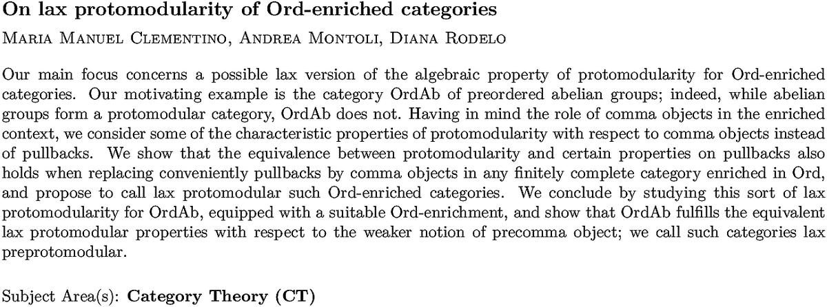arxiv.org/abs/2210.14332…
M M Clementino et. al.
On lax protomodularity of Ord-enriched categories