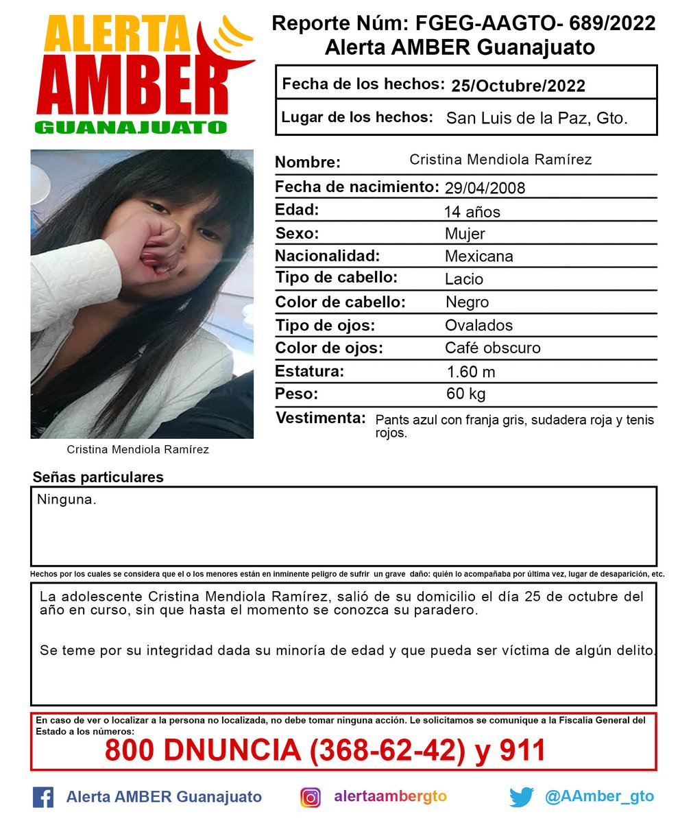 Activación de la Alerta AMBER Guanajuato de la adolescente Cristina Mendiola Ramírez de 14 años de edad, San Luis de la Paz, Gto. ¡Ayúdanos a localizarla!