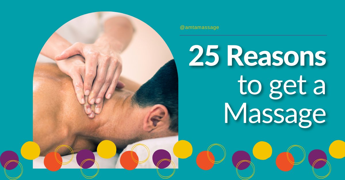 AMTAmassage's tweet photo. From stress relief to pain management, #massagetherapy offers a multitude of health benefits. As we celebrate #NMTAW, explore the top 25 reasons to get a massage! Plus, download this free handout to share with your clients: https://t.co/p0QYtZO05i https://t.co/tpwWLRokEg