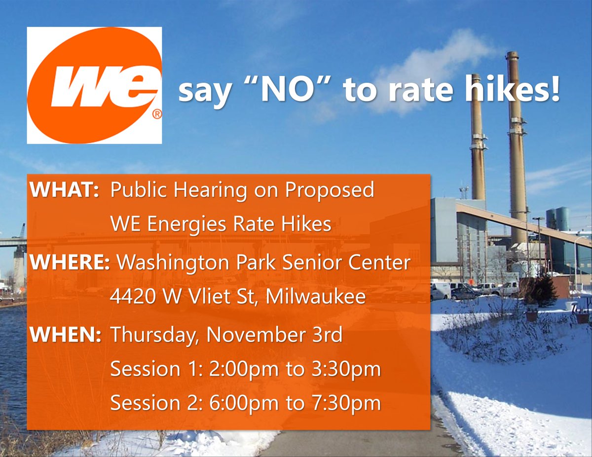 SenChrisLarson's tweet photo. Despite profits that have increased each year since 2018, including $1.37 billion over the last 12 months, WE Energies is trying to raise your rates by as much as 13% next year. 

1 week from today, you have the chance to say "NO!" https://t.co/QH5MYNuwjv