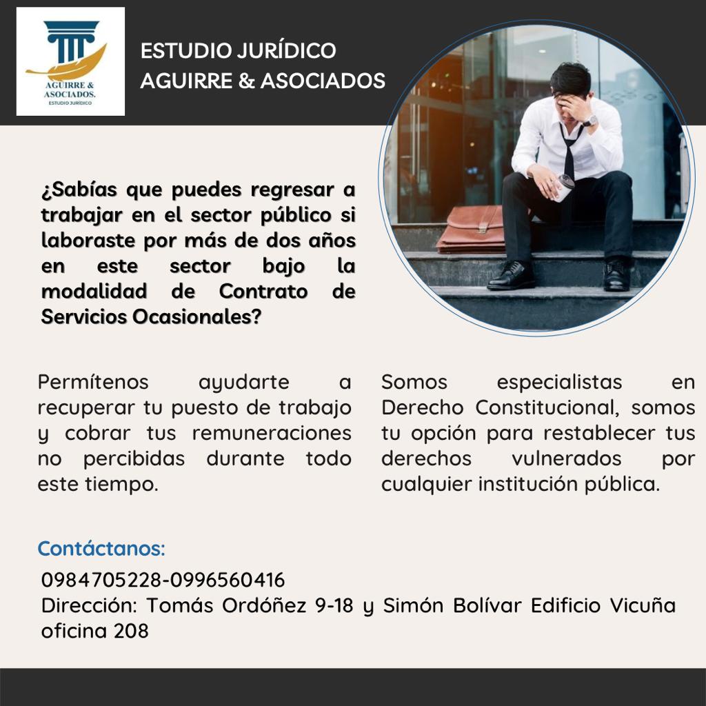 davidagui88's tweet photo. Estudio Juridico Aguirre &amp; Asociados 

‼️CONTRATOS DE SERVICIOS OCASIONALES GENERAN ESTABILIDAD EN EL SECTOR PUBLICO‼️

Consúltanos y permitenos ayudarte, los resueltos favorables obtenidos avalan nuestro trabajo.

Ab. David Leonardo Aguirre 
Contáctanos:
0984705228 / 0996560416 https://t.co/mBEyXHUE4j