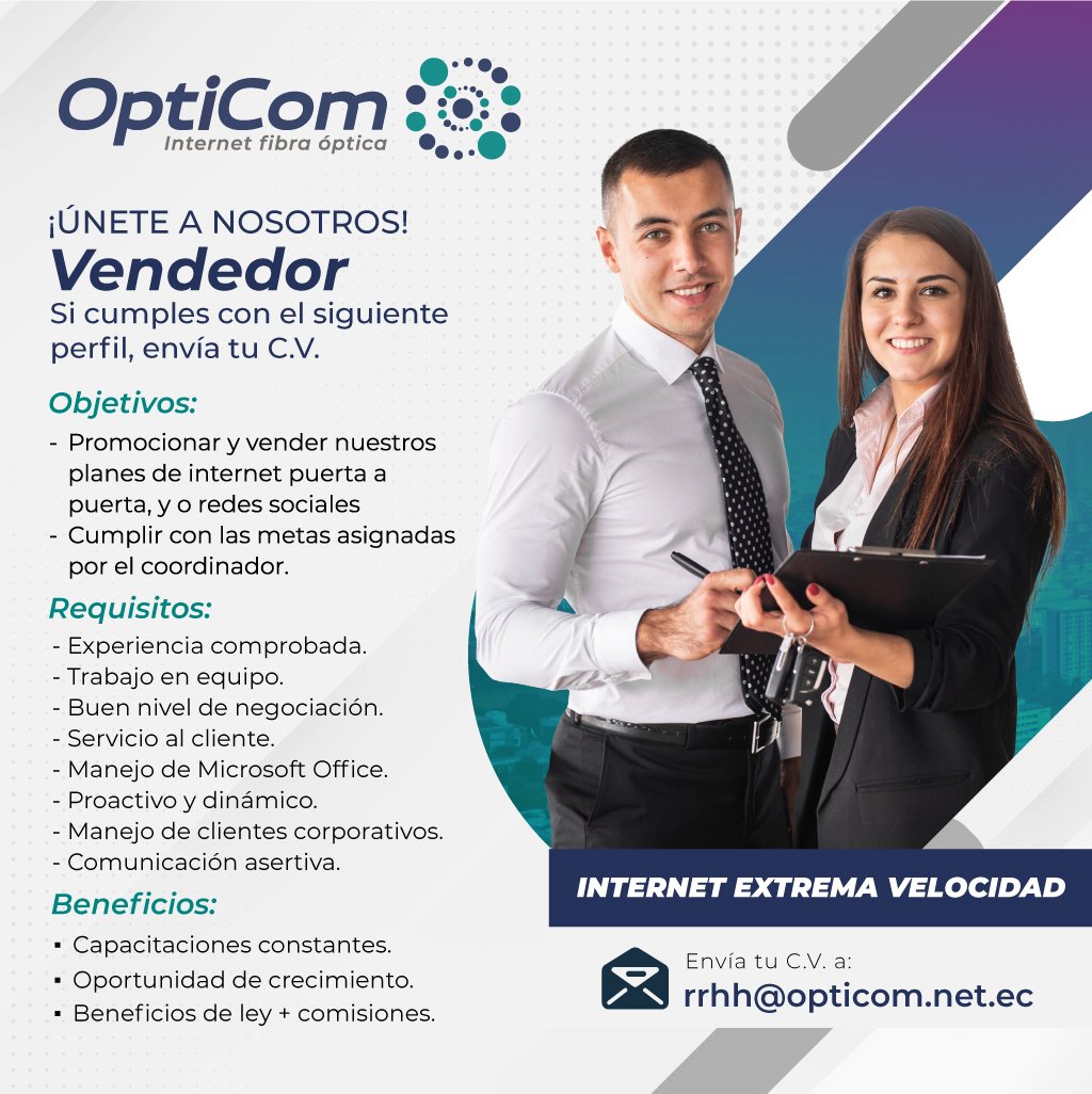 🚨🚨 ¿𝐐𝐮𝐢𝐞𝐫𝐞𝐬 𝐭𝐫𝐚𝐛𝐚𝐣𝐚𝐫 𝐜𝐨𝐧 @opticomecuador? 👉👉 Es tu oportunidad!! 🔊🔊 𝐑𝐞𝐯𝐢𝐬𝐚 𝐥𝐚 𝐢𝐧𝐟𝐨 𝐲 𝐩𝐨𝐬𝐭𝐮𝐥𝐚 𝐝𝐞𝐬𝐝𝐞 𝐡𝐨𝐲❗❗

#opticomecuador #vendedor #InternetEcuador #internet #MBPS #fibraoptica #Empleo #Quito #VENDEDORES #vendedoresexitosos