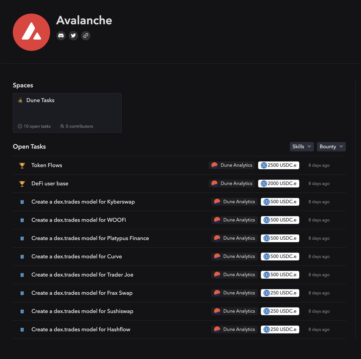 avax's tweet photo. The initial Avalanche bounties will include:
🔺 Create spellbooks to track DEX metrics
🔺 Create a token flows dashboard
🔺 Create a user metrics dashboard 

Avalanche will continue releasing more challenges over time. Enter the bounties on @deworkxyz, and stay tuned for more! https://t.co/wVThqMmlrt