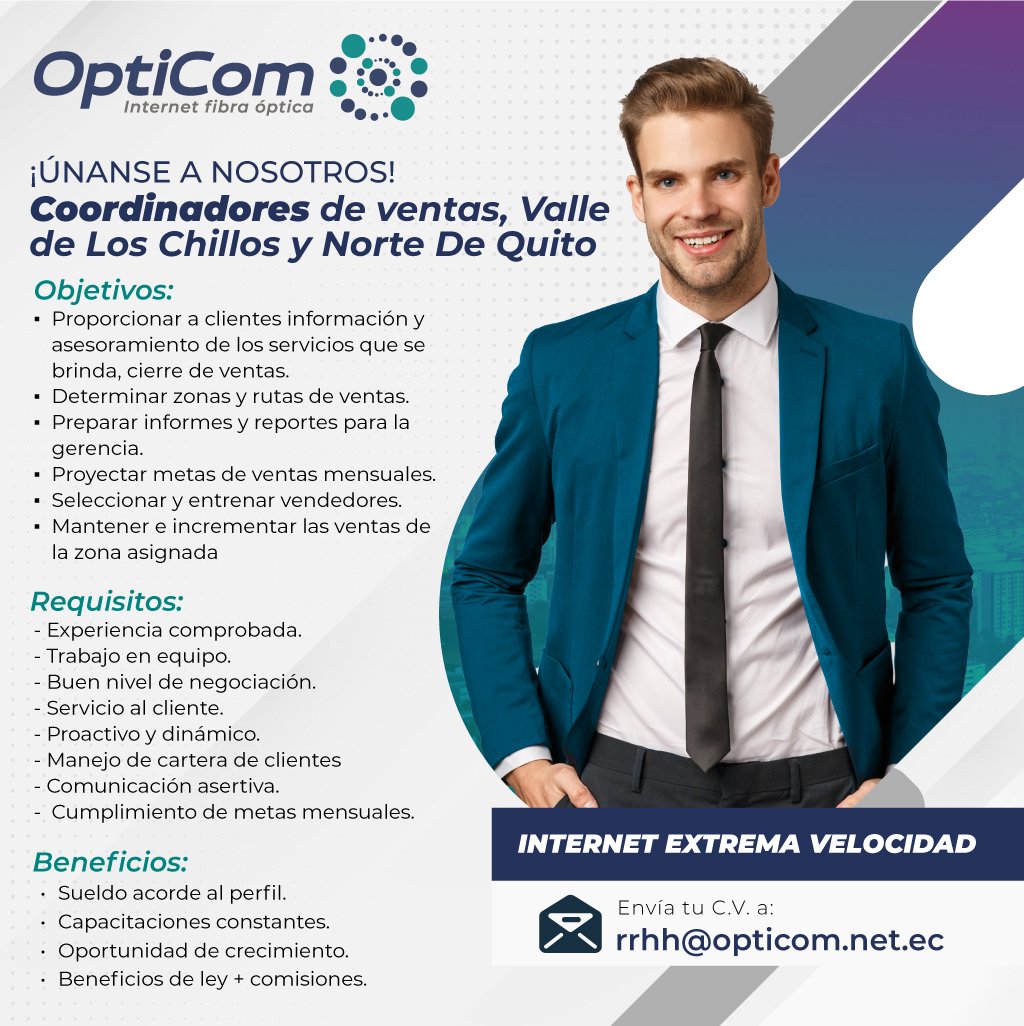 🚨🚨 ¿𝐐𝐮𝐢𝐞𝐫𝐞𝐬 𝐭𝐫𝐚𝐛𝐚𝐣𝐚𝐫 𝐜𝐨𝐧 @opticomecuador? 👉👉 Es tu oportunidad!! 🔊🔊 𝐑𝐞𝐯𝐢𝐬𝐚 𝐥𝐚 𝐢𝐧𝐟𝐨 𝐲 𝐩𝐨𝐬𝐭𝐮𝐥𝐚 𝐝𝐞𝐬𝐝𝐞 𝐡𝐨𝐲❗❗
#opticomecuador #Coordinador #InternetEcuador #internet #MBPS #fibraoptica #Empleo #Quito #vendedoresexitosos #VENDEDORES