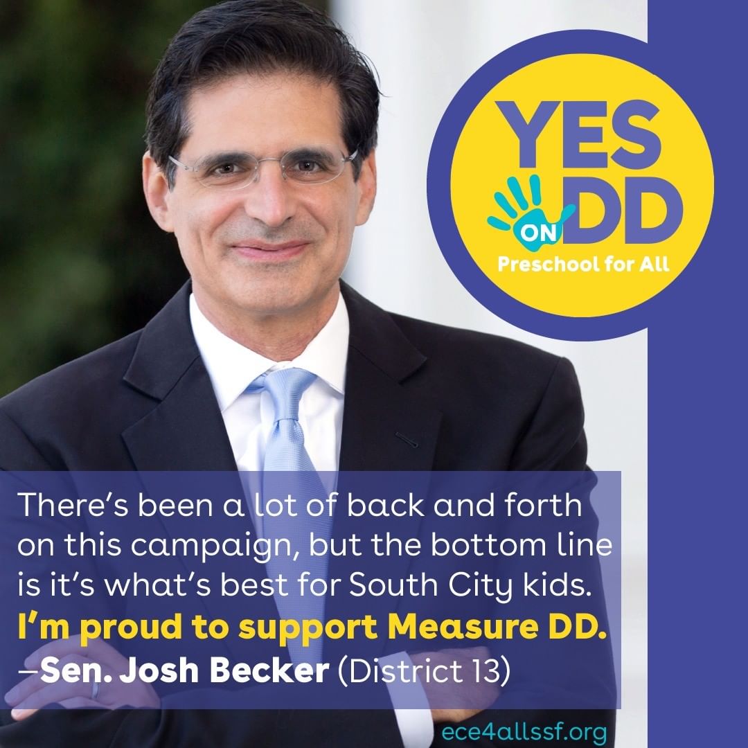 Thank you, Senator Becker @JoshBeckerSV, for supporting Measure DD, the grassroots campaign to provide high-quality preschool to all South City kids and a living wage for every preschool teacher and child care worker in SSF. #MeasureDD #yesonddssf #universalpreschool #livingwage