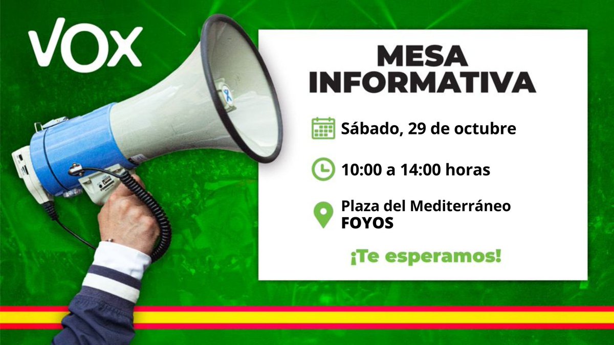 VOX_Valencia's tweet photo. 📢 Además, también estaremos en #Foyos, #Gandía y #Játiva.
📆 Sábado, 29 de octubre.
¡Acércate a conocernos! https://t.co/rDQdKOEJet