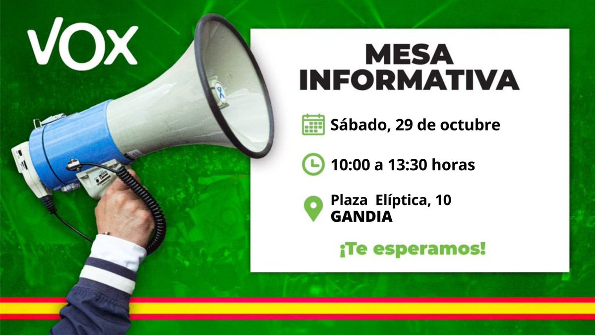 VOX_Valencia's tweet photo. 📢 Además, también estaremos en #Foyos, #Gandía y #Játiva.
📆 Sábado, 29 de octubre.
¡Acércate a conocernos! https://t.co/rDQdKOEJet