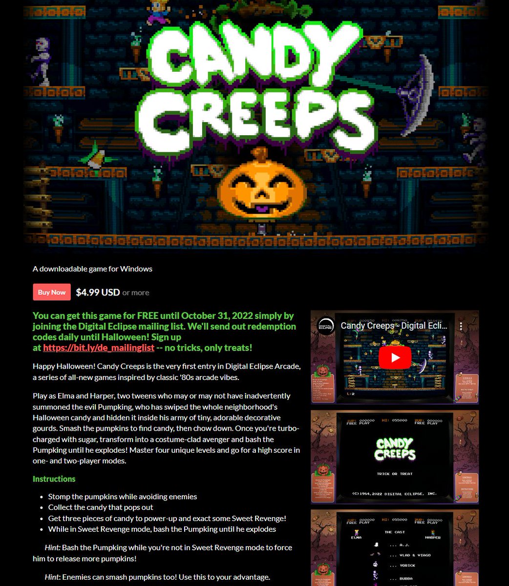 Candy Creeps is free on Itchio by signing up for Digital Eclipse mailing list bit.ly/3W10NBY
