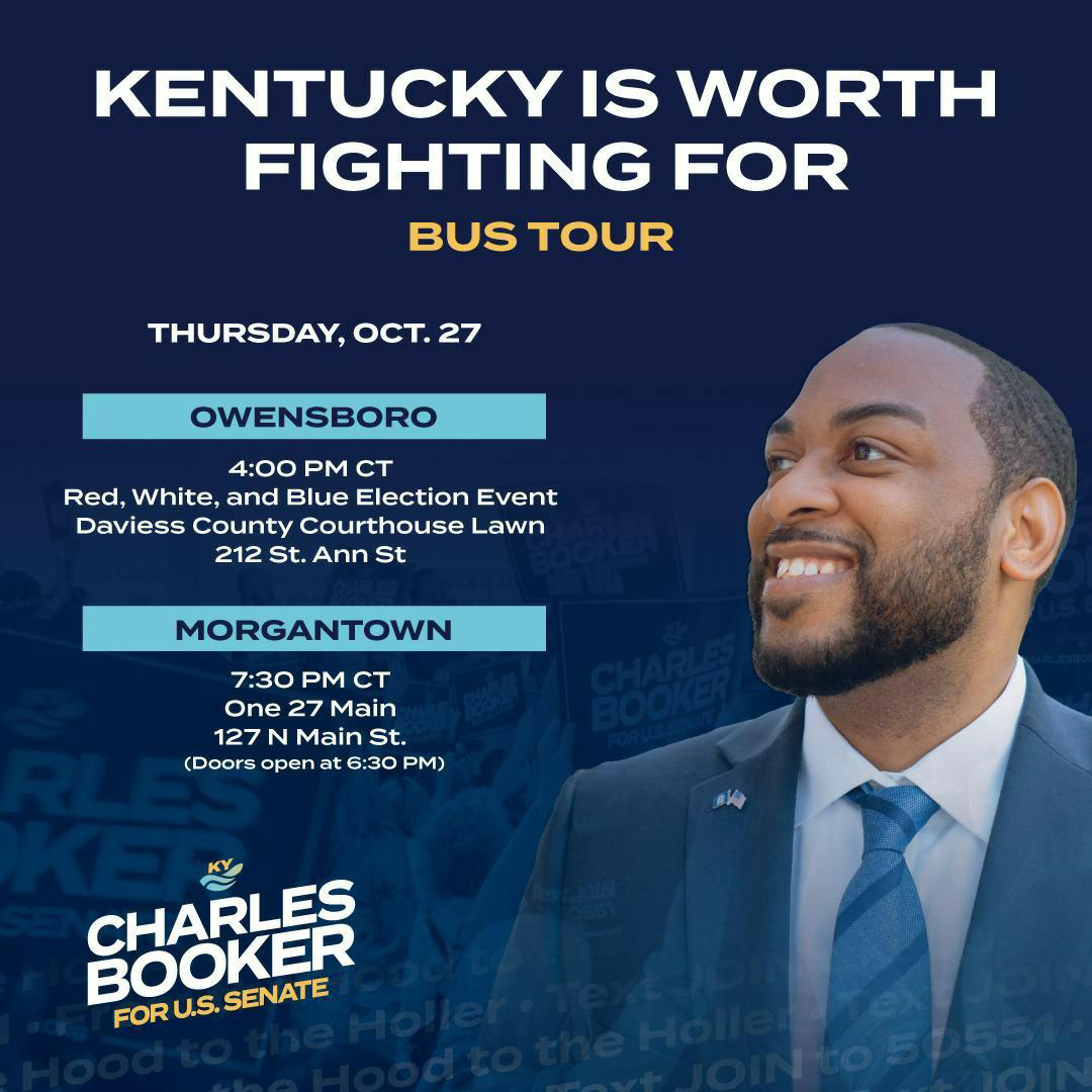 Charles Booker will be making two stops on his Bus Tour today! Make sure to come show your support and hang out with Team Booker in Owensboro and Morgantown today! We want to meet as many of you as possible!