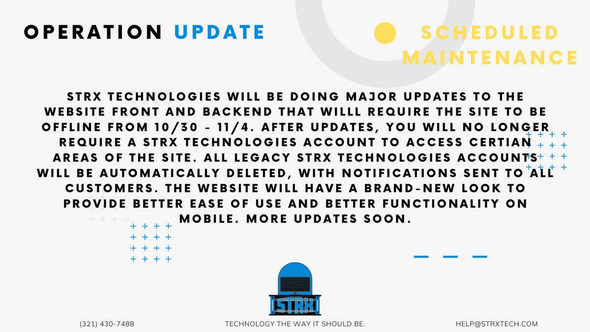 strxtechstatus's tweet photo. The STRX Technologies main website: https://t.co/M0LEfgP7b7 will be undergoing updates from 10/30 - 11/4. The site will be unavailable from these times starting at 12:00 AM EST on 10/30. https://t.co/ky7QP2a5rD