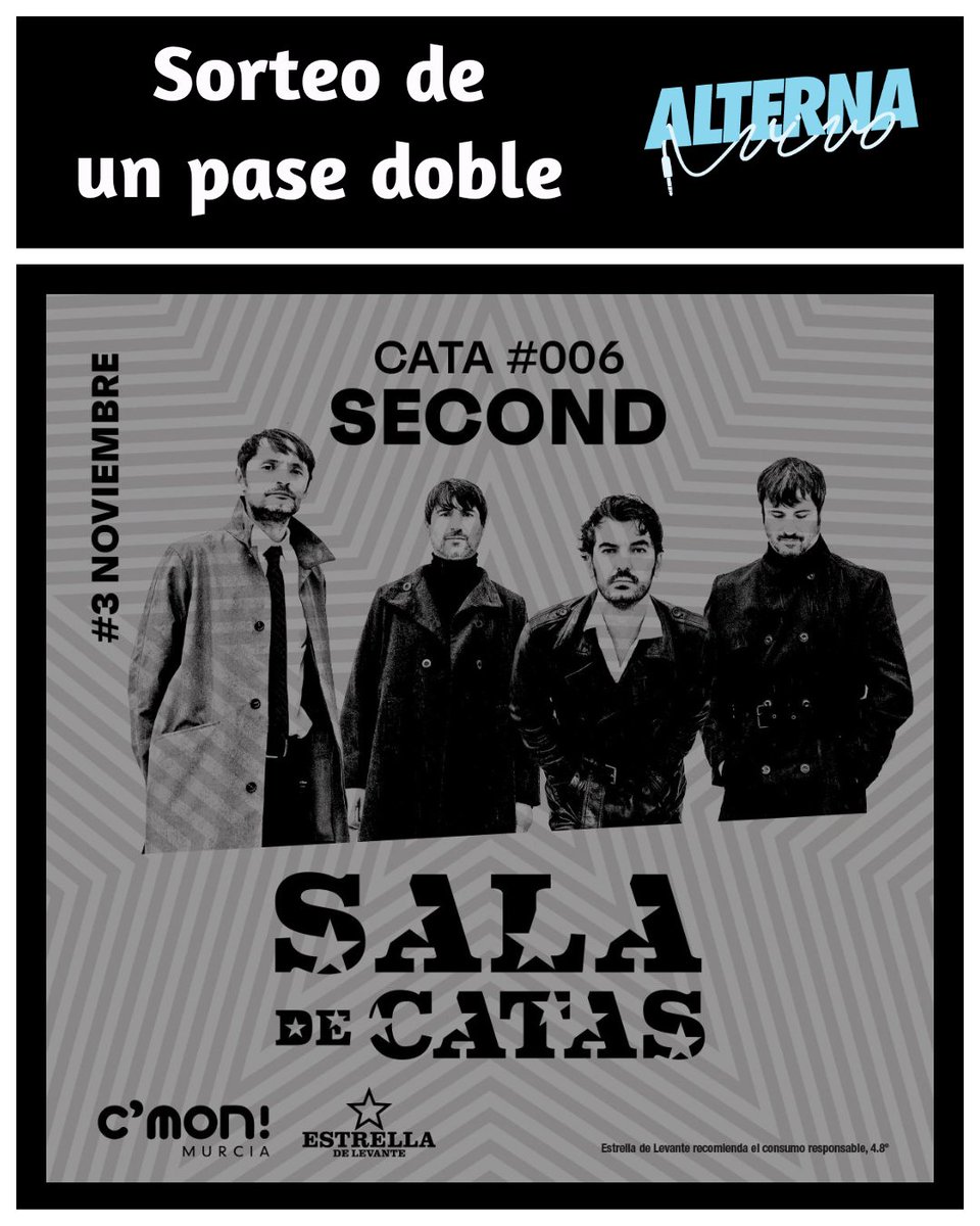 Sorteamos un pase doble para asistir a la grabación del próximo #SalaDeCatas, el podcast de <a href="/CmonMurcia/">C'mon Murcia</a> y <a href="/estrellalevante/">Estrella de Levante</a> presentado por <a href="/leonardocano_/">Leonardo Cano</a>, con <a href="/secondmusic/">Second</a> de invitados. 

Para participar, haz RT a este tuit y responde mencionando con quién querrías asistir.