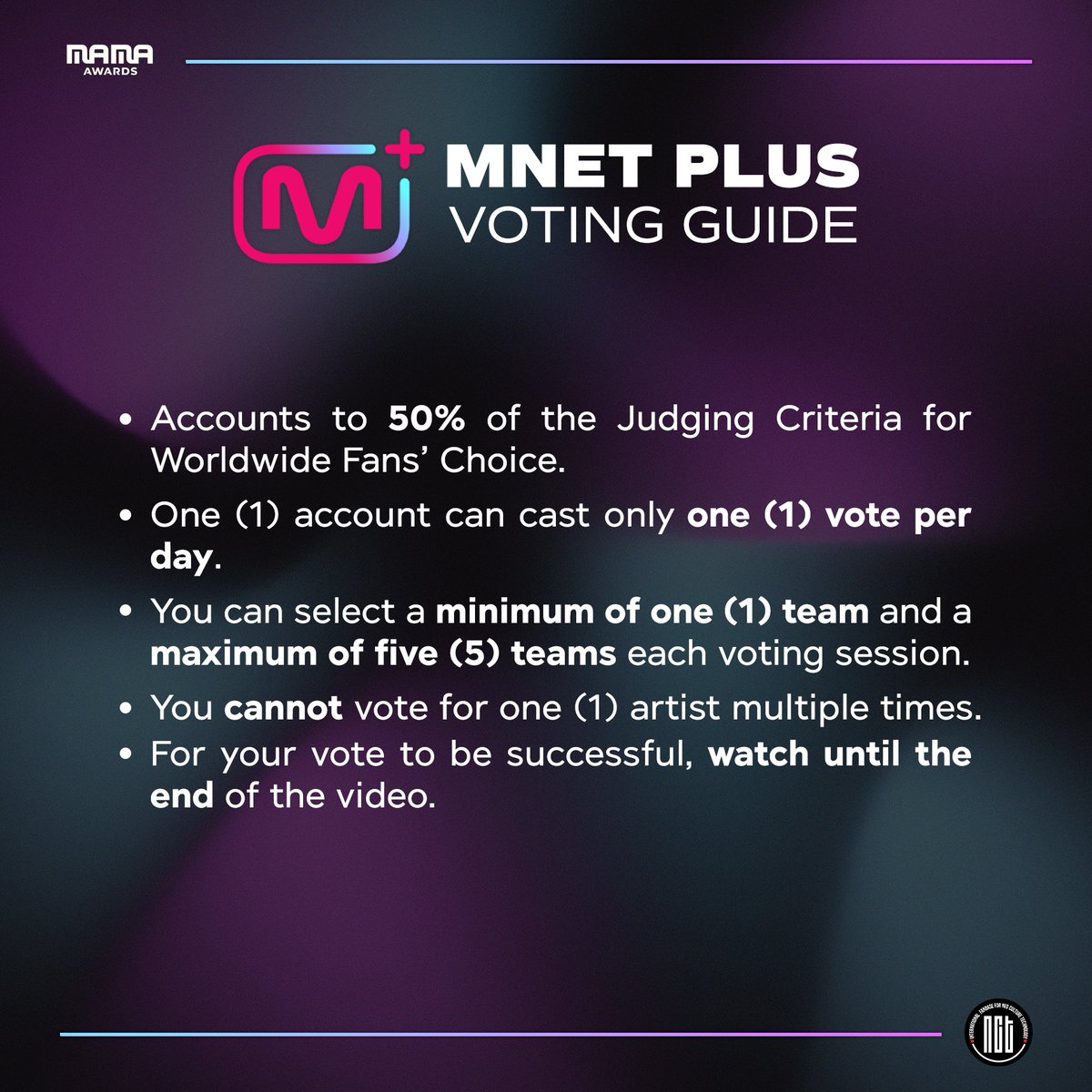 SM_NCT's tweet photo. [!!!] #VoteNCT127onMAMA2022 💚

Join us as we vote #NCT127 at the Worldwide Fans' Choice Pre-Voting for the 2022 MAMA! 🗳️

• Vote here: https://t.co/nFrIYw9YaK
*Your vote will only count once you finish watching the video!

Voting period ends on November 4th at 11:59PM KST! https://t.co/aLTqV51Ozs